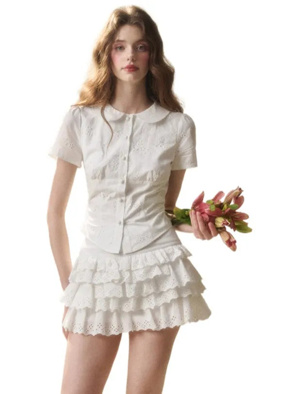 Embroidered Lace Waist Shirt & Skirt Set