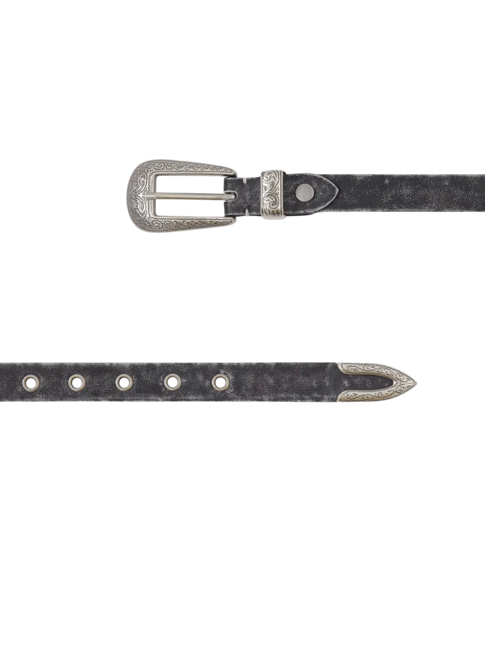 Matte Silver Alloy Buckle Distressed Leather Belt