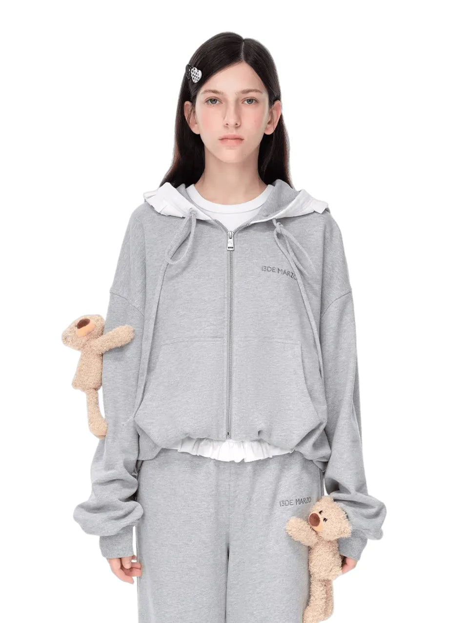 Ruffled Hooded Zip-Up Cropped Sweatshirt