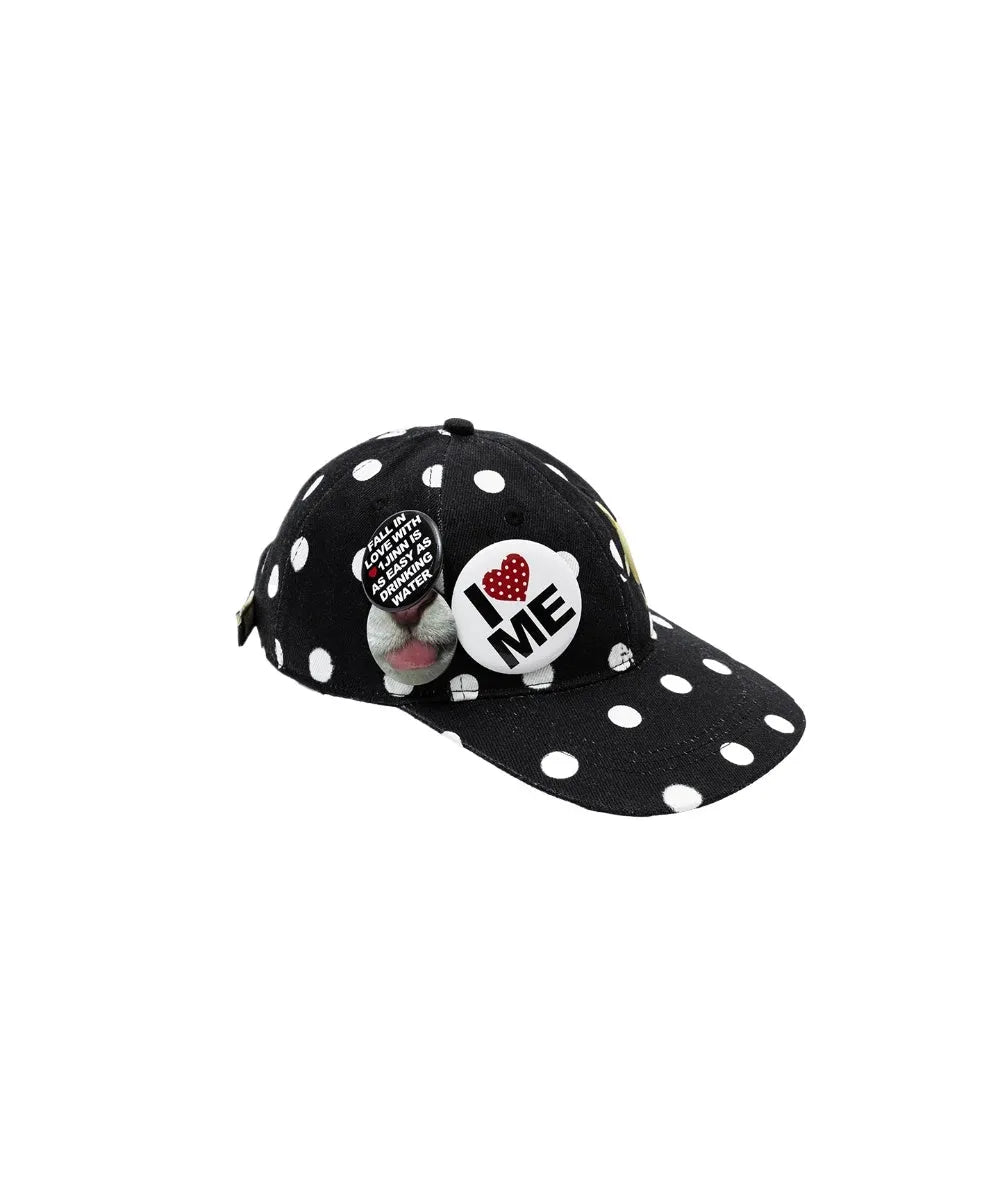 Badge-Embellished Black & White Polka Dot Canvas Flat-Brim Baseball Cap