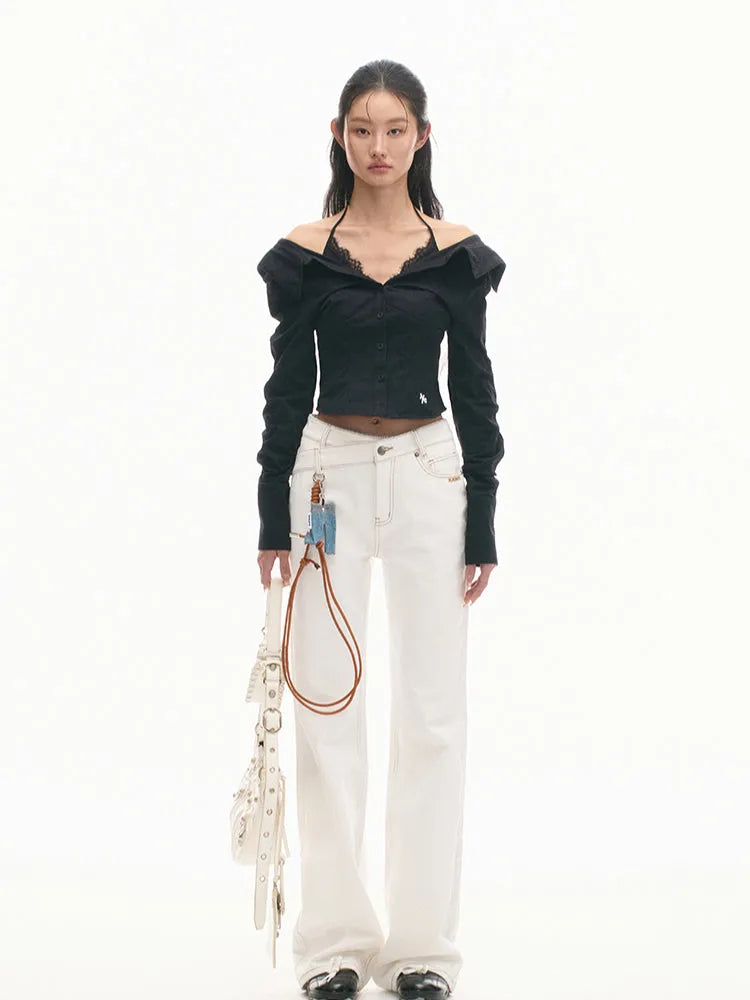 Two-in-One Off-Shoulder Slim-Fit Long-Sleeve Cotton Shirt