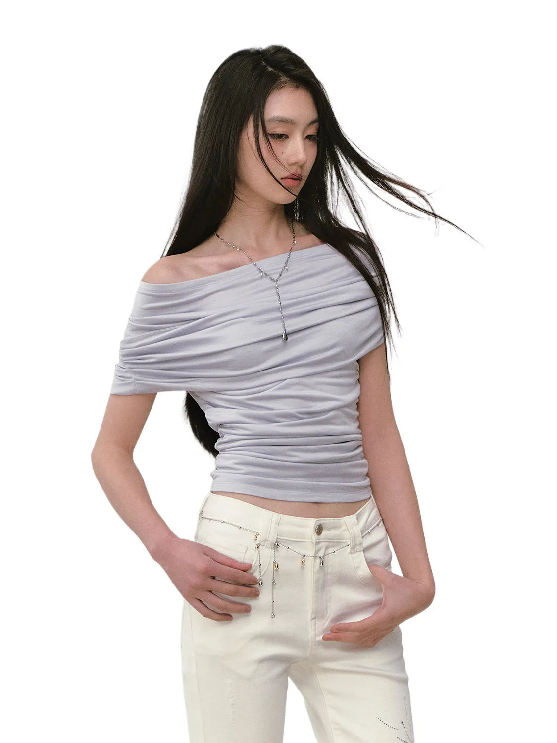 Rhinestone Off-the-Shoulder Pure-Desire Style T-shirt