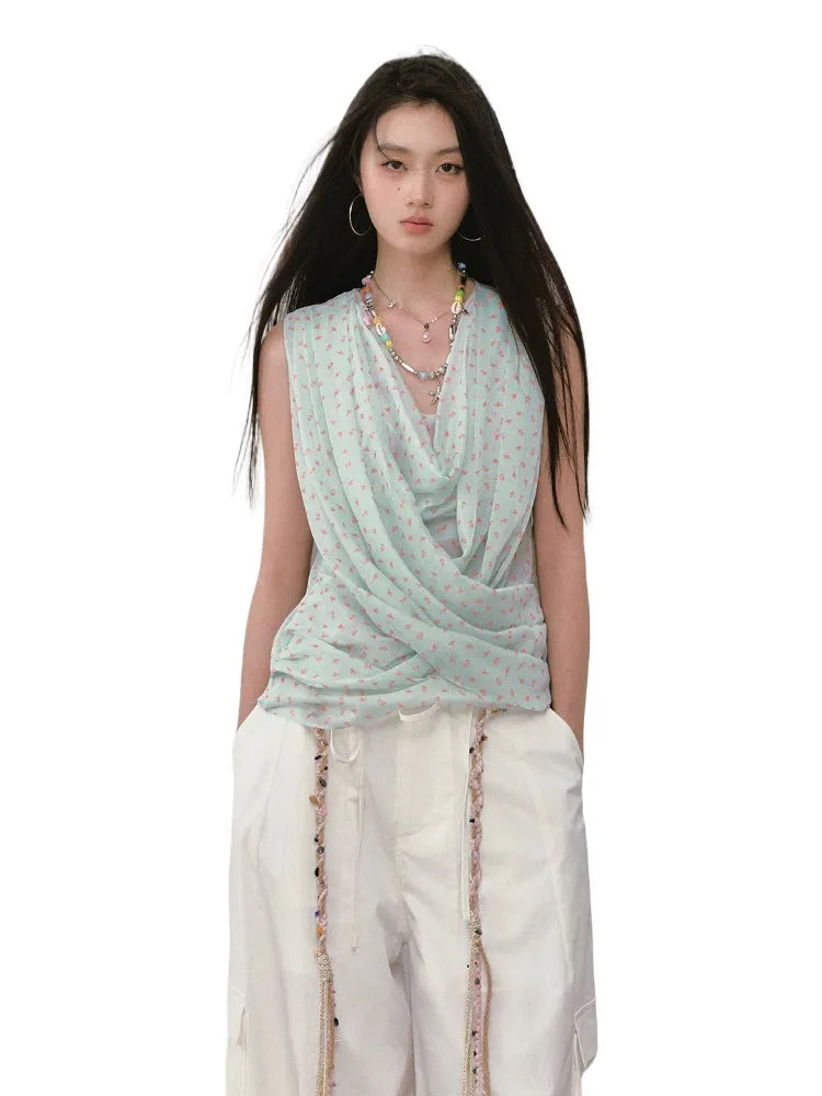 Small Floral Cowl Neck Sleeveless Vest