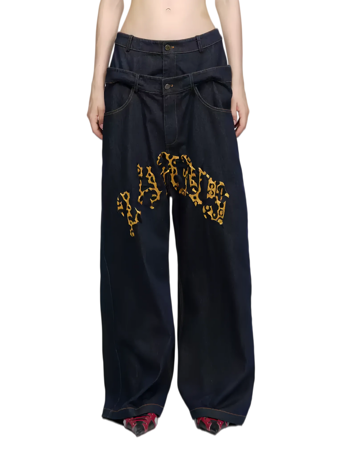 Dual-Waist Embroidered Relaxed-Fit Denim Jeans