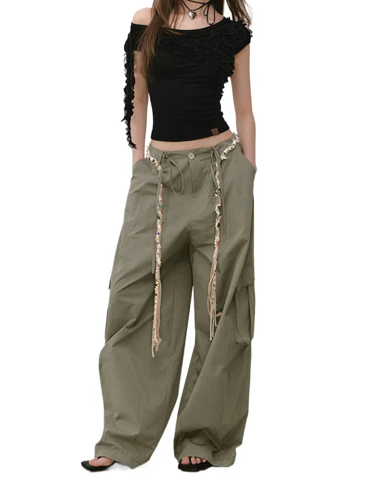 Wide-Leg Beaded Cargo Large Pockets Pants