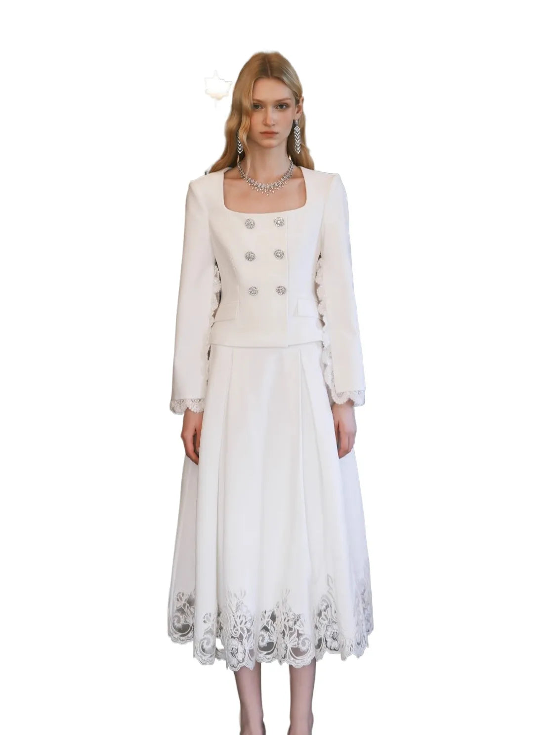 Mirage Vintage Lace-Collar Blazer & Flared Skirt Set