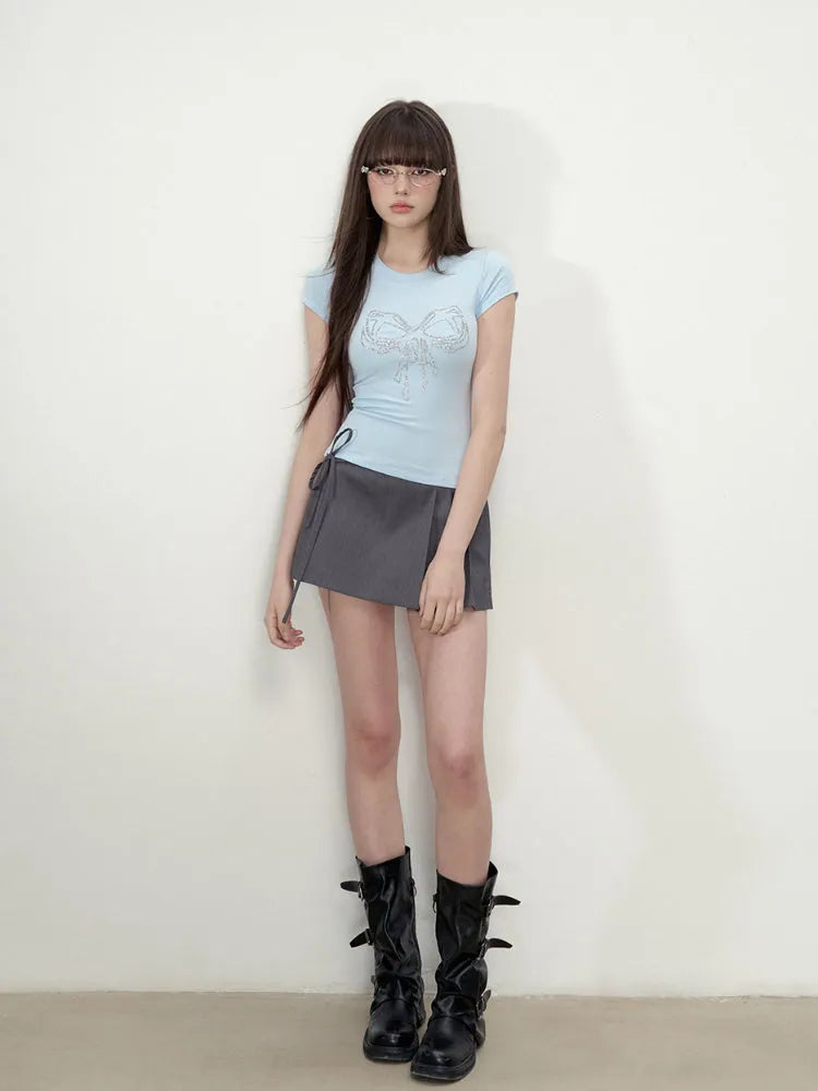 Bow Tie Rhinestone Short Sleeve T-shirt