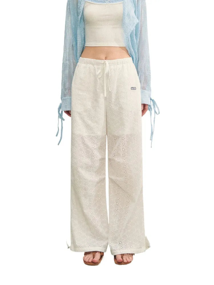 Hollow Embroidery Tie-up Casual Pants