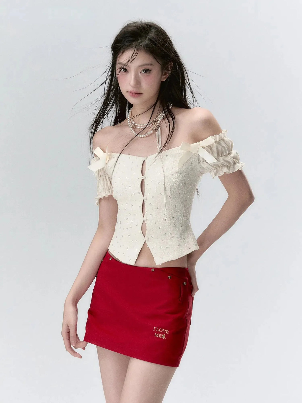 Off-the-Shoulder Sparkly 3D Pearl Mesh Blouse