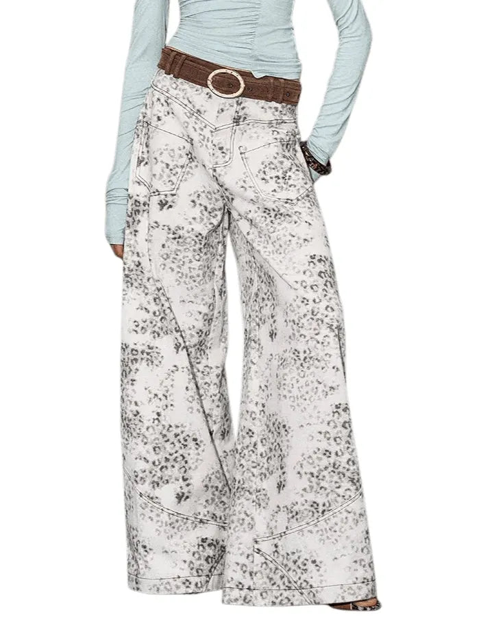 Vintage Leopard-Print Cotton Wide-Leg Jeans