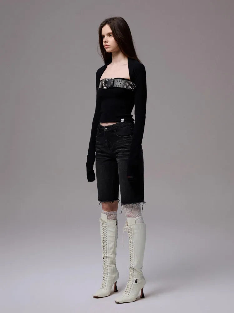 Washed Raw-edge Embroidered Denim Shorts