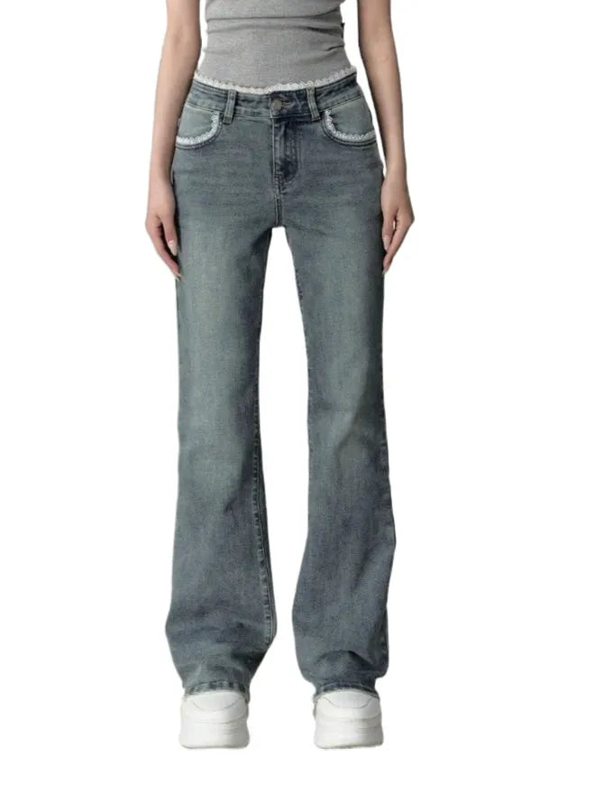 Light Blue Lace Patchwork Embroidered Jeans