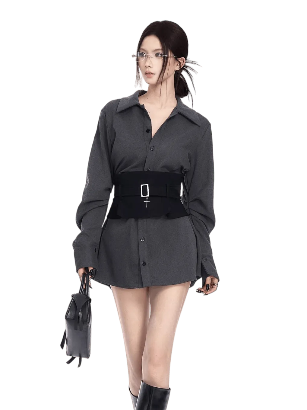 Corset-Waist Shirt Two-Piece Set