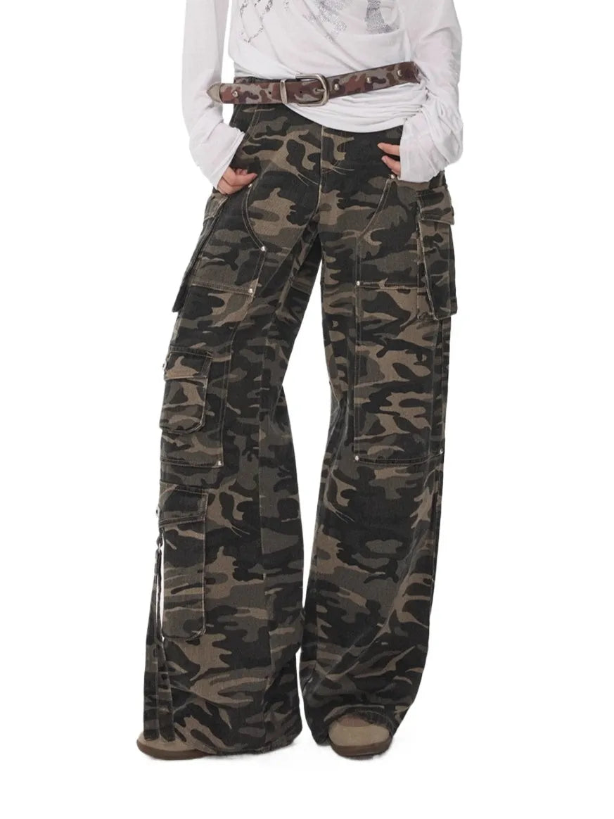 Washed Camouflage Multi-Pocket Cargo Wide-Leg Pants