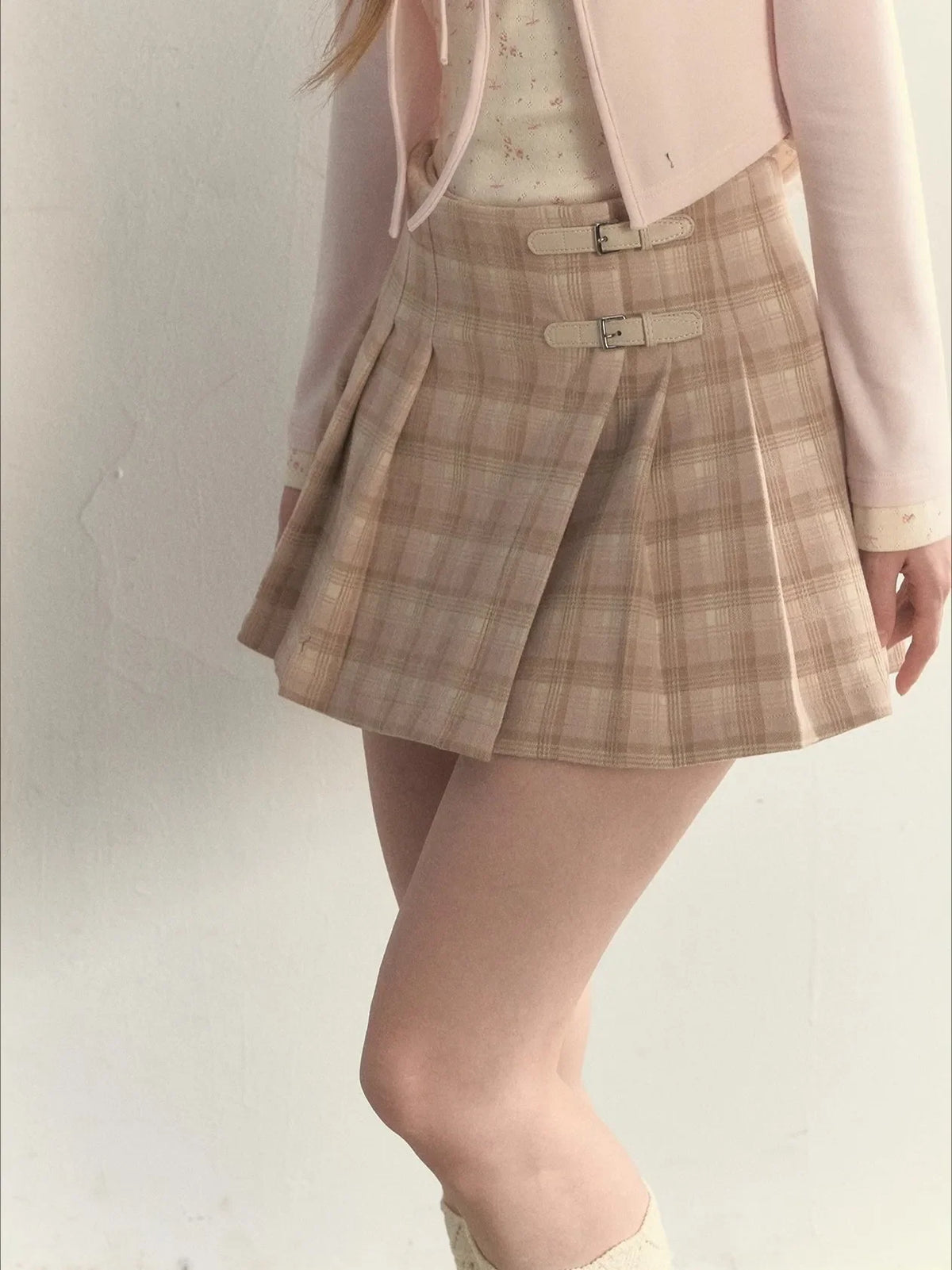 Vintage Plaid Wool Leather Buckle Pleated Skirt