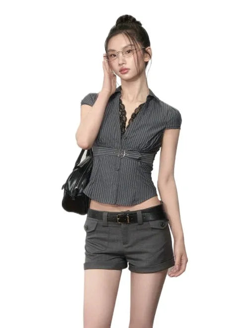 Waist Lace V - neck Shirt