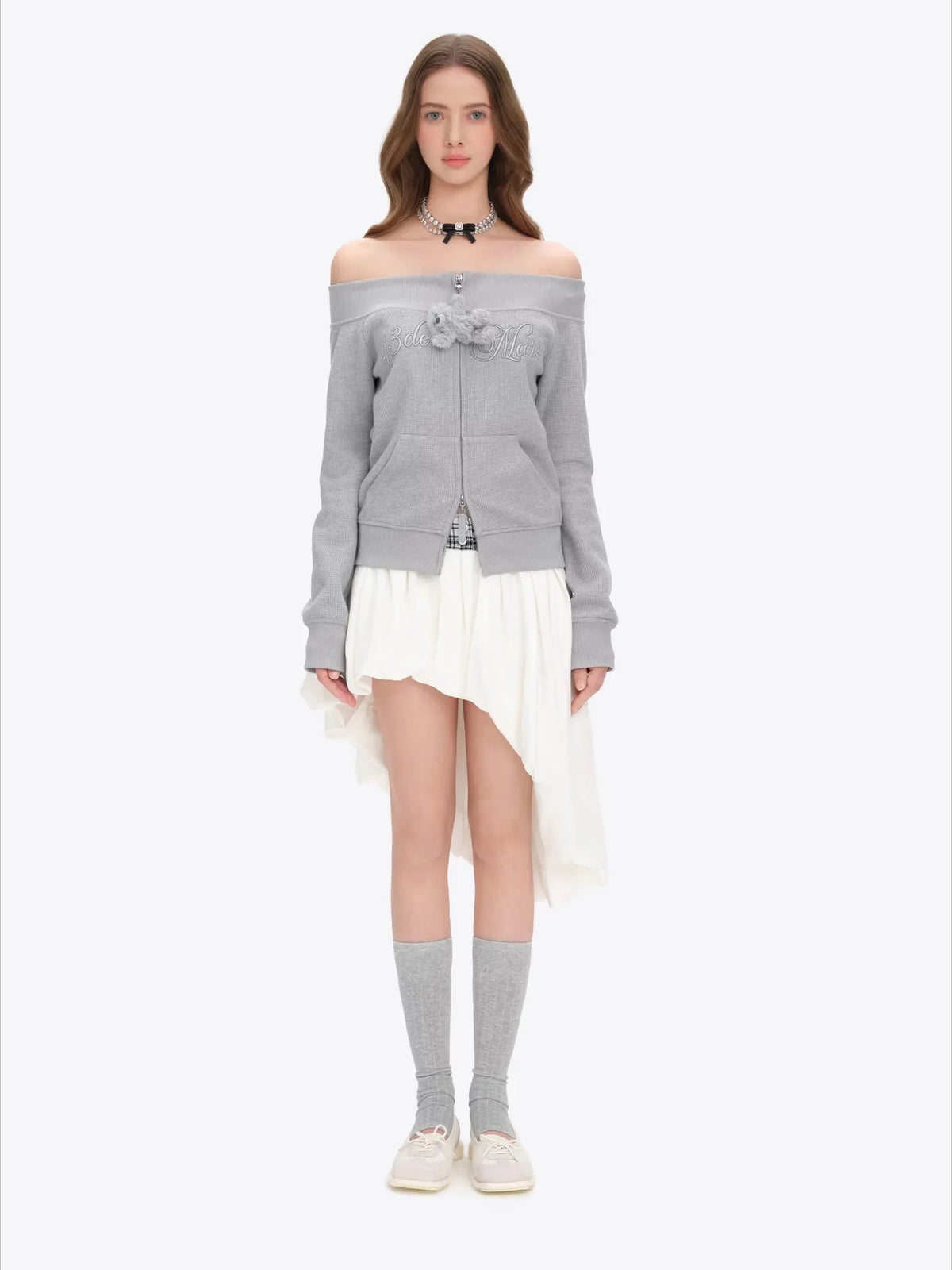 Shimmer Waffle Off-Shoulder Sweatshirt