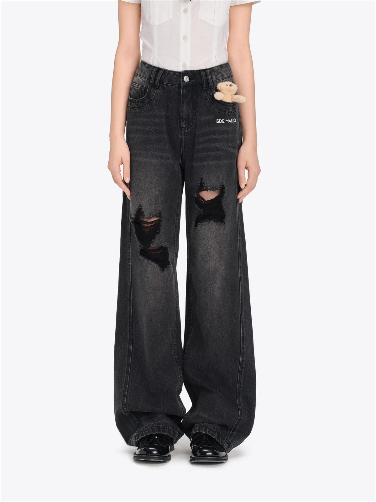 Washed Embossed Distressed Straight-Leg Denim Jeans