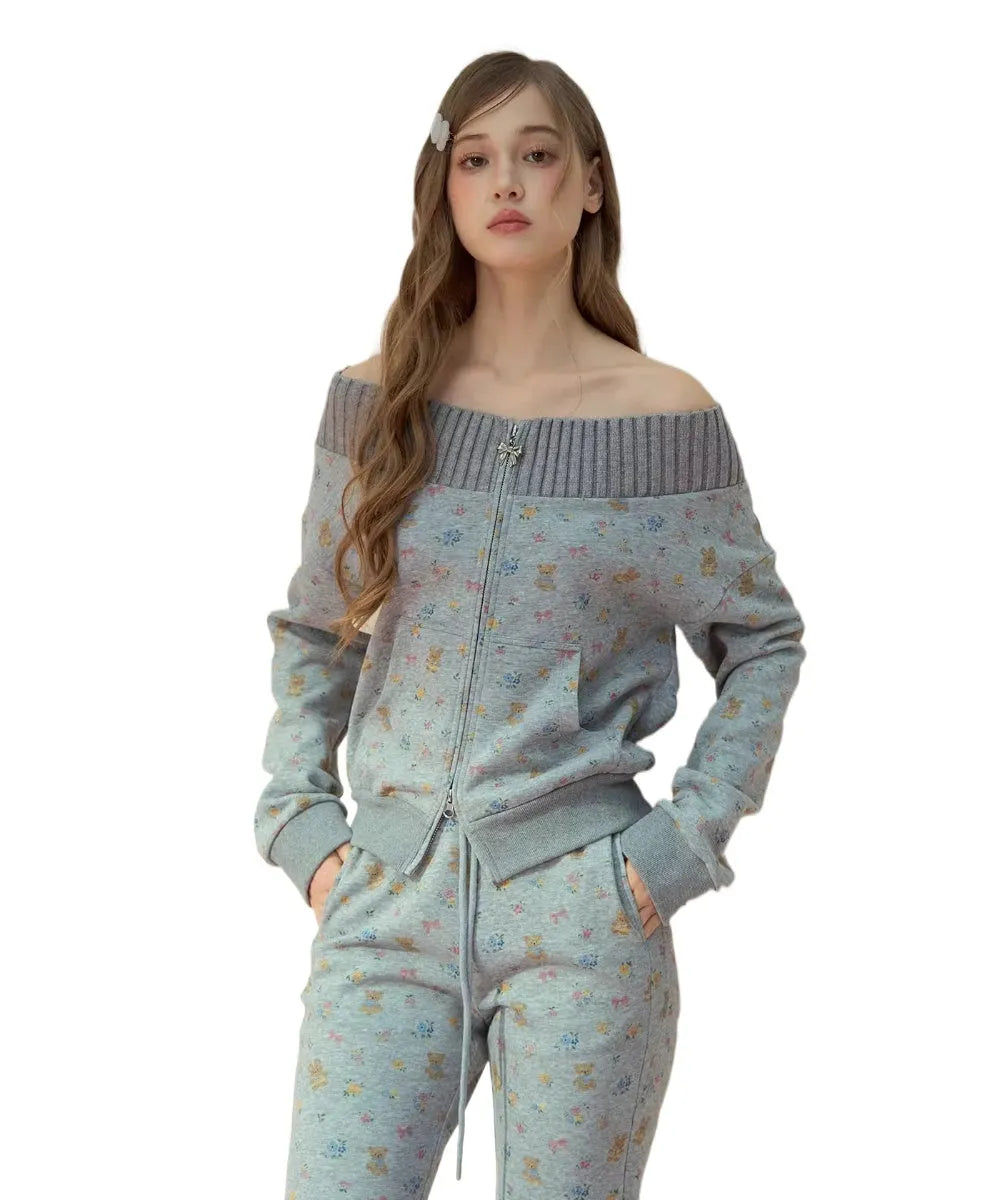 Floral Bunny Off-Shoulder Zip-up Sweatshirt