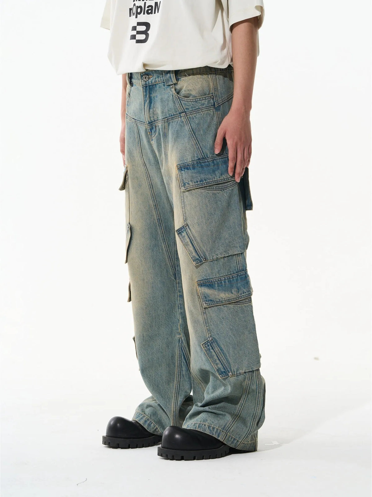Washed Pocket-Panel Straight-Leg Denim Cargo Pants