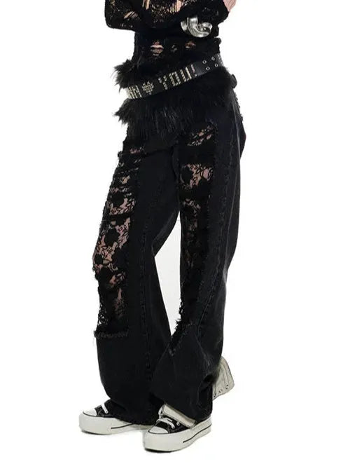 Blue & Black Ripped Lace Denim Jeans