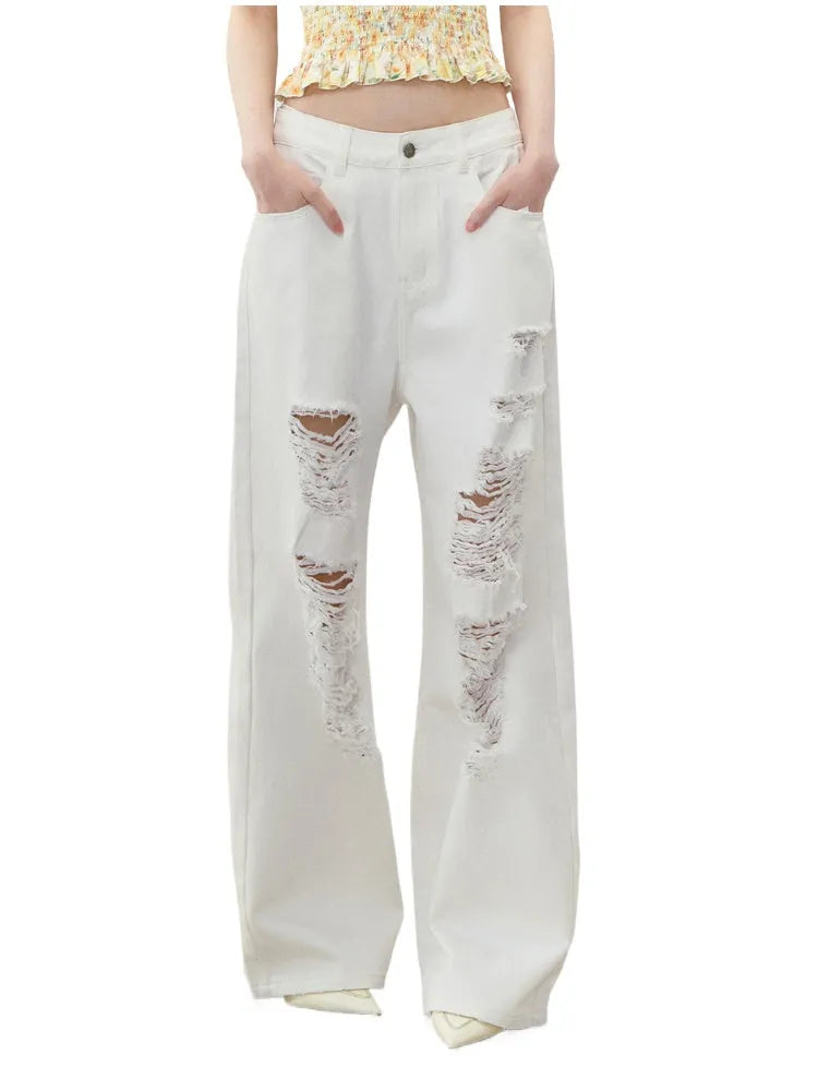 White Rhinestones Ripped Jeans