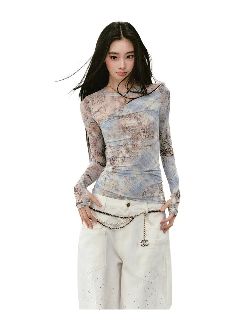 Printed Mesh Contrast-colored Long-sleeve T-shirt