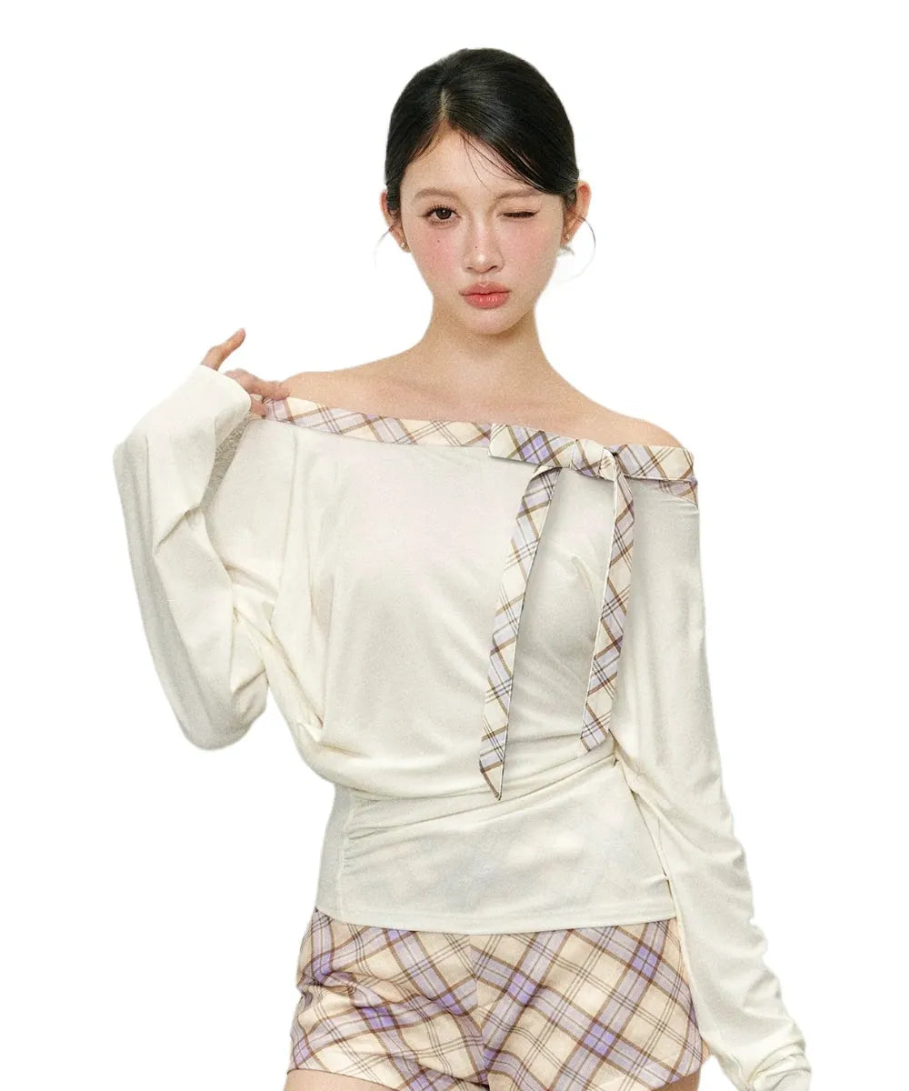 Plaid Color-Blocked Off-Shoulder Long Sleeve & Skirt Set