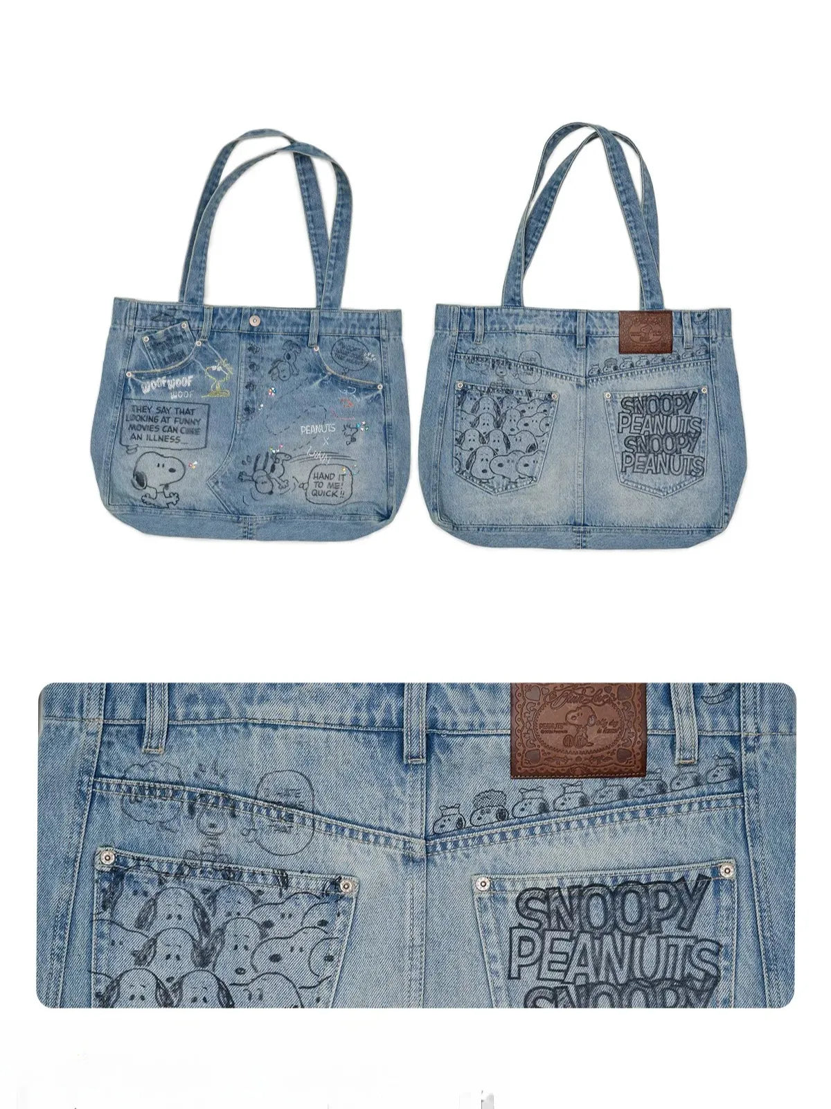 Snoopy Graffiti Crystal-Embellished Denim Tote Bag