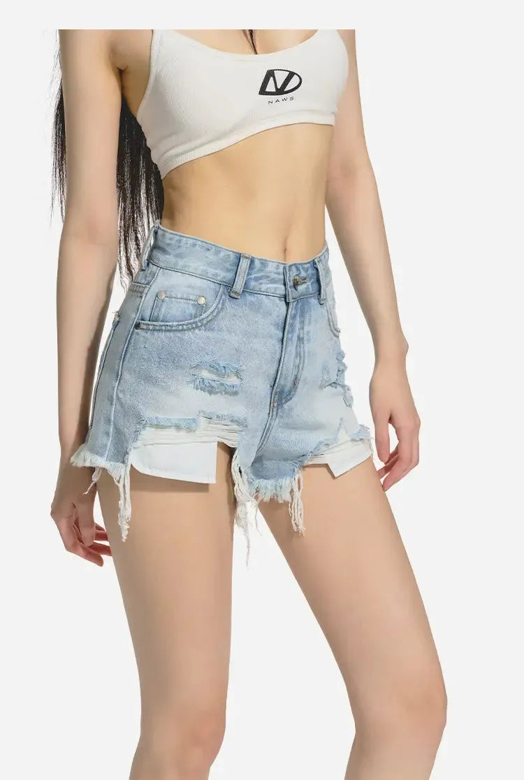 Blue Irregular Distressed Denim Shorts
