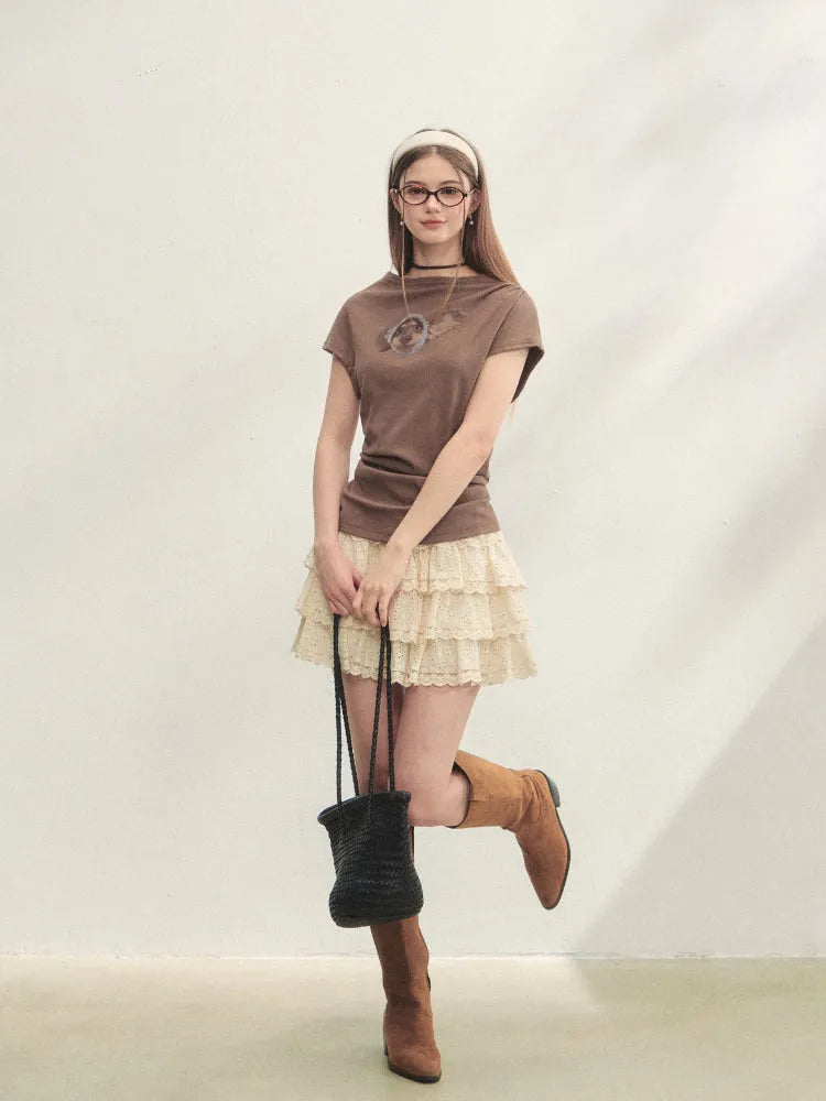 Elastic Pleated Crew Neck T-shirt