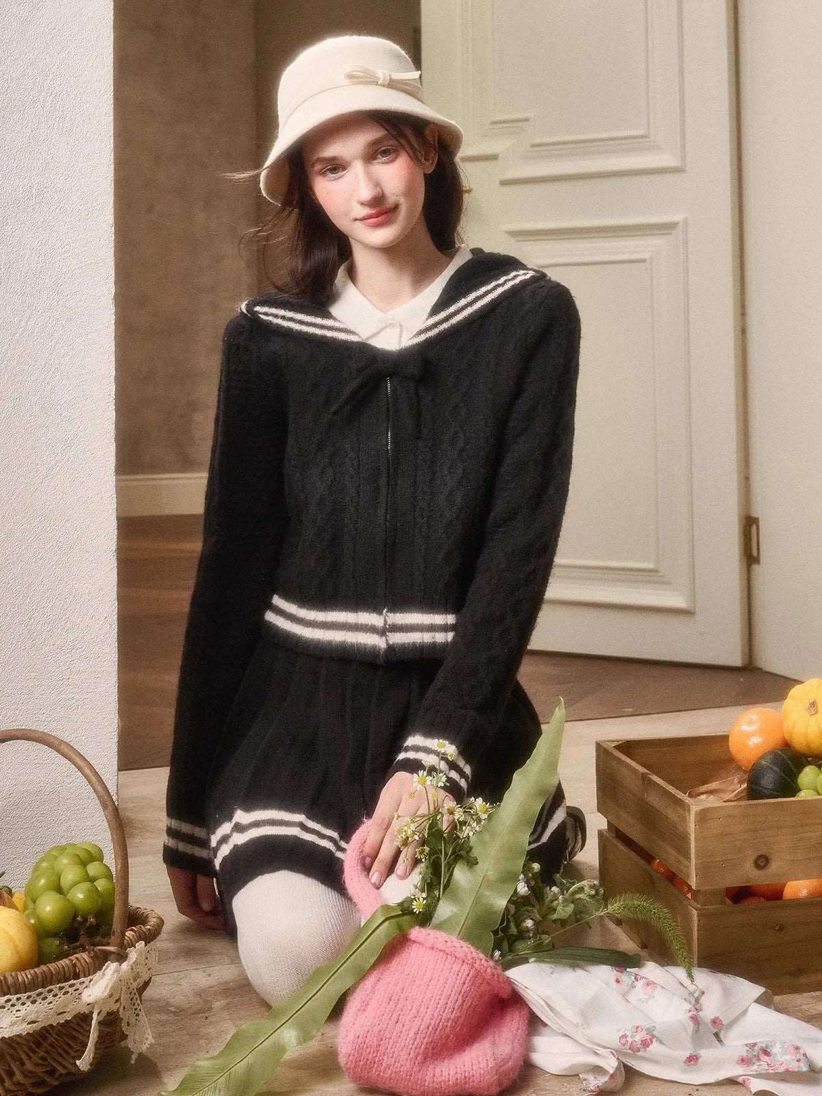 Memo Wool Cloud Knit Cardigan & Pleated Skirt Set