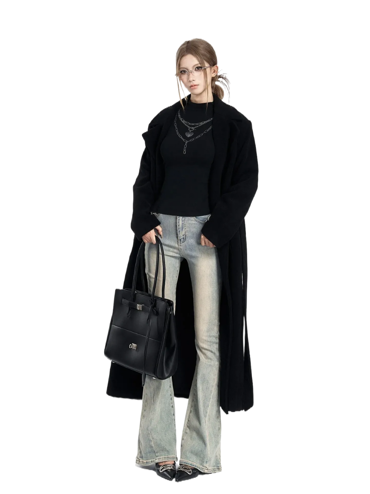 Padded-Shoulder Wool-Blend Long Coat