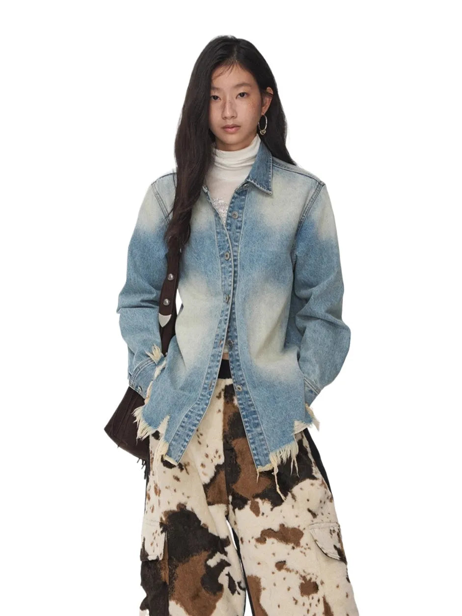Vintage Washed Frayed Denim Fitted Shirt