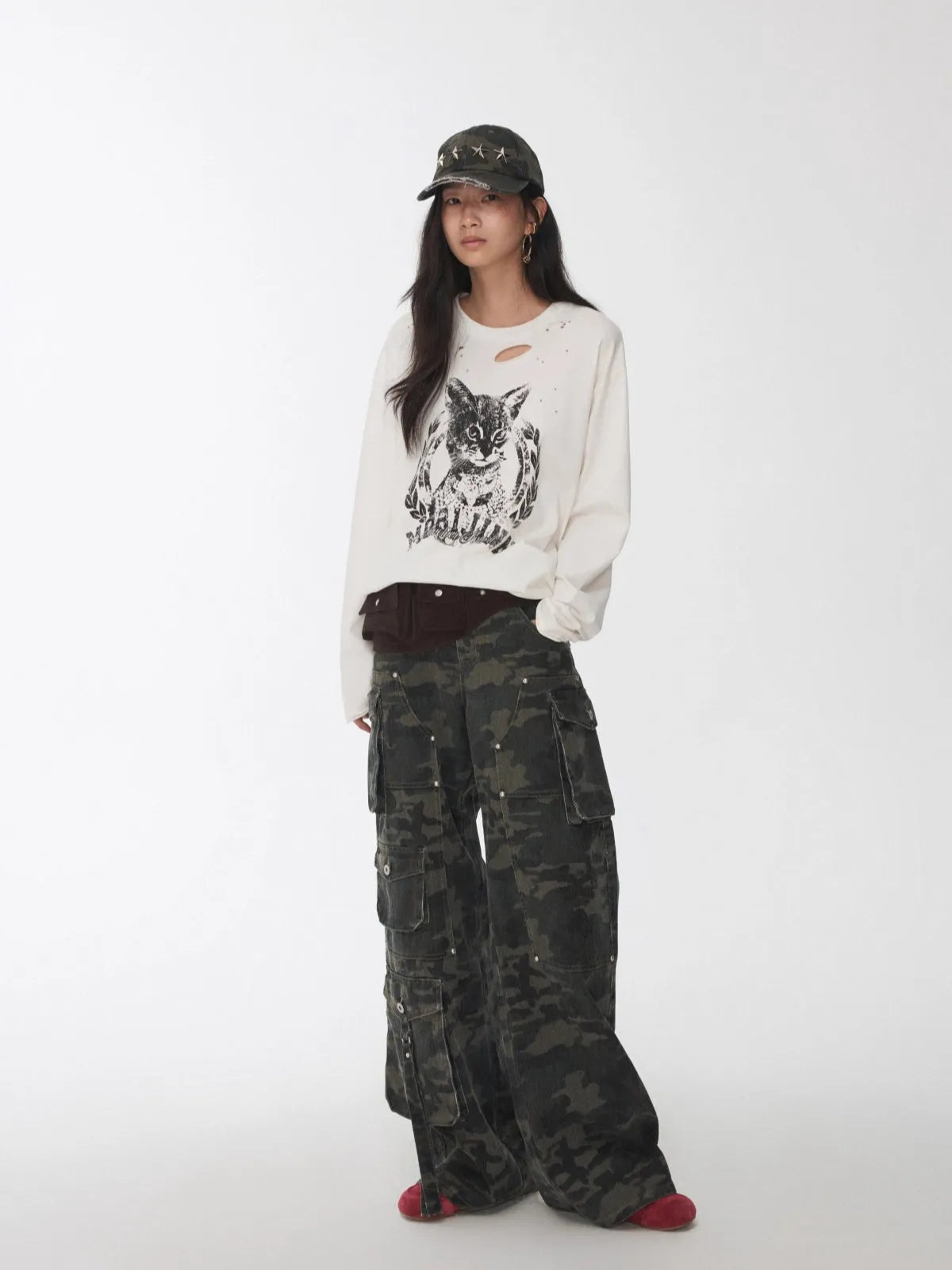 Washed Camouflage Multi-Pocket Cargo Wide-Leg Pants