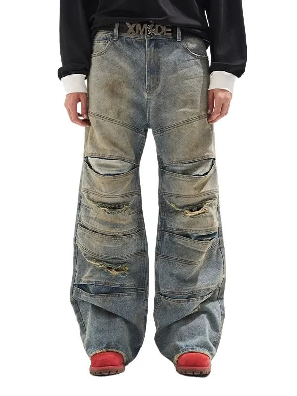 Layered Distressed Washed Loose Fit Denim Jeans