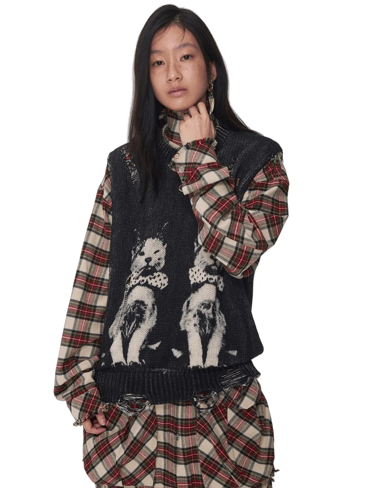 Distressed Cat Jacquard Knit Vest