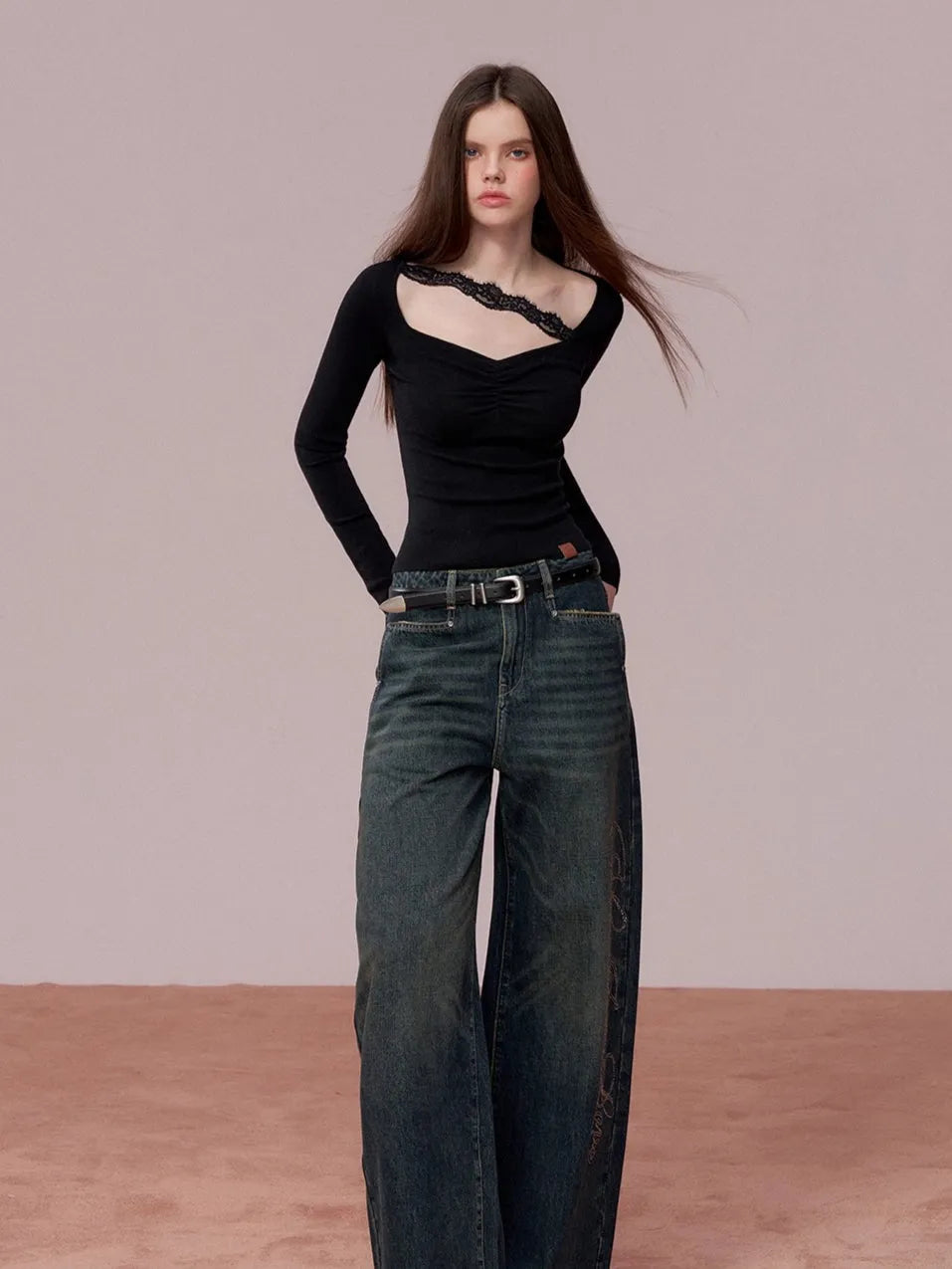 Embellished Rhinestone Vintage Wide-Leg Jeans