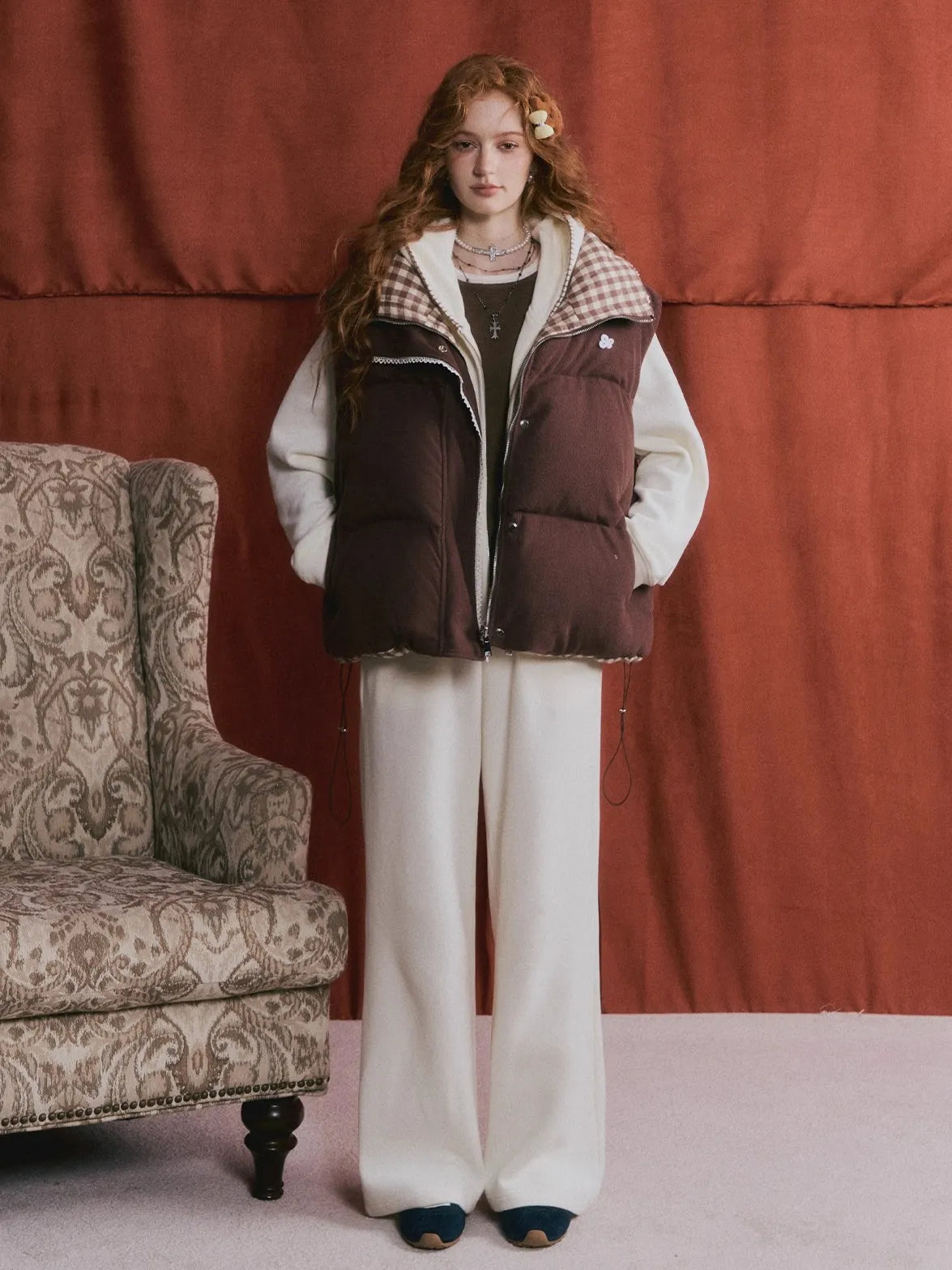 Reversible Plaid Lace-Trim Padded Vest