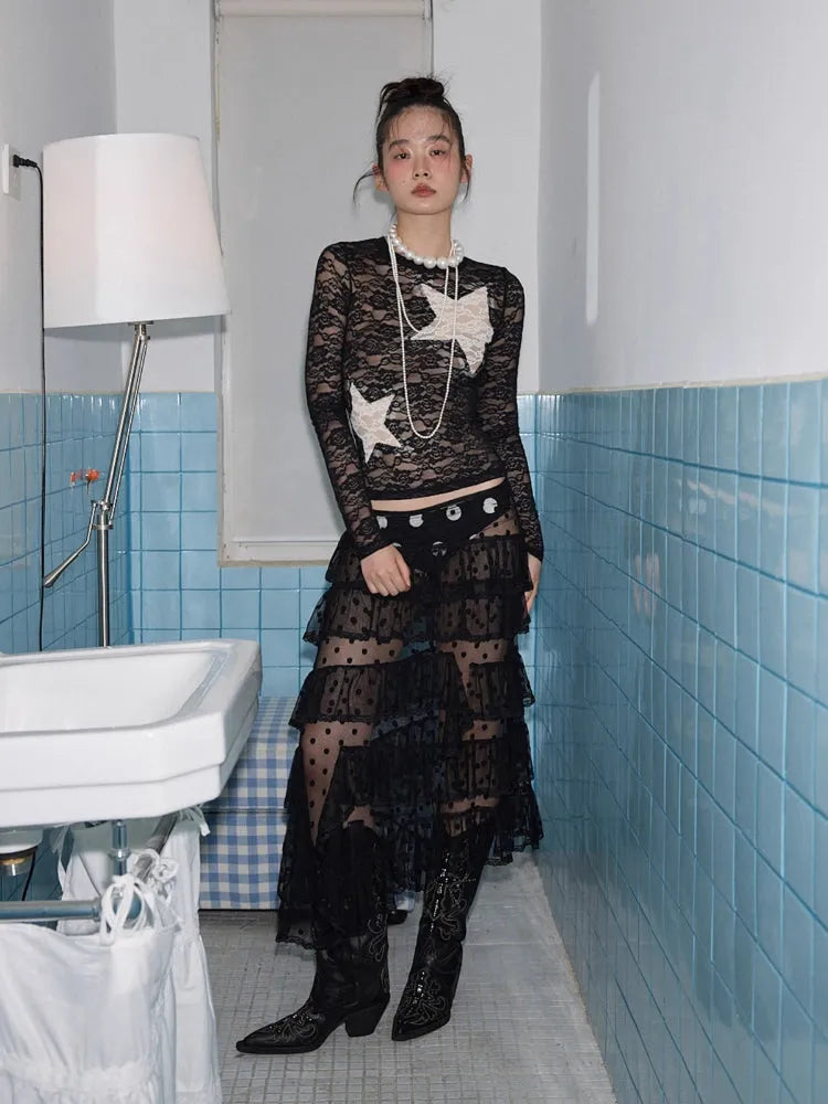 Irregular Dot Lace Mesh Skirt