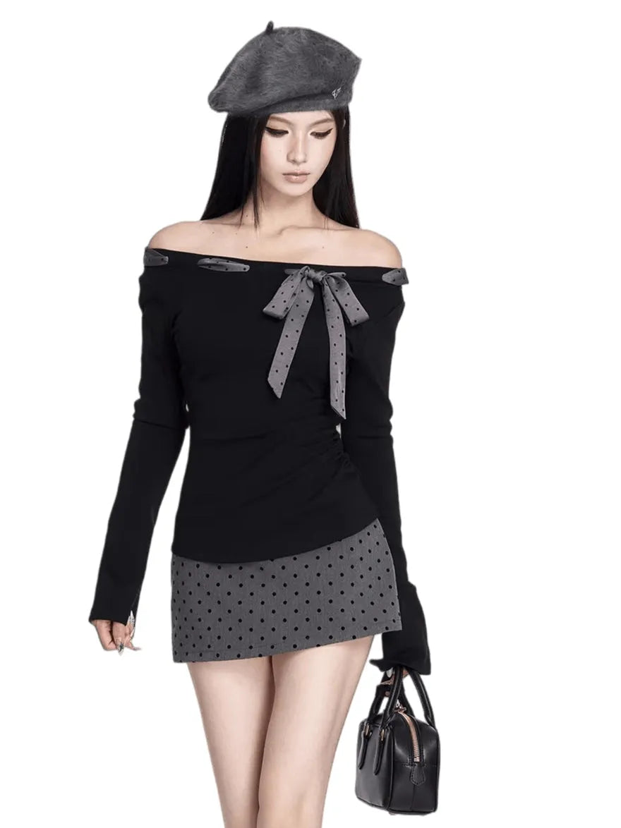 Polka-Dot Tie-Up Slim-Fit Long Sleeve T-Shirt