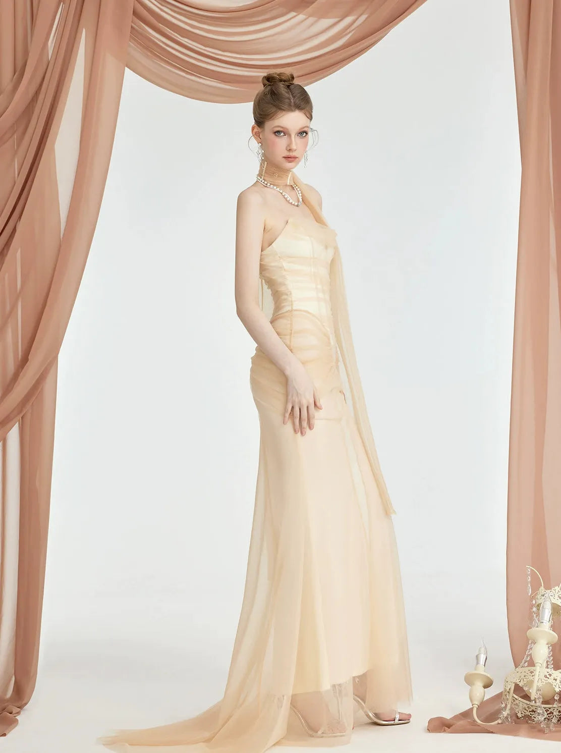 Black & Apricot Tulle Ruffled Slim-fit Strapless Dress