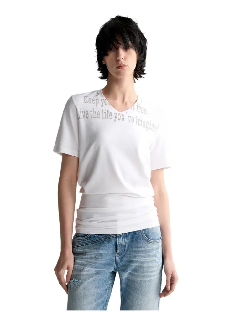 All-Over Print V-Neck Stacked Waist T-shirt