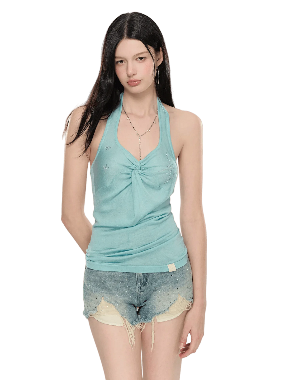 Rhinestone Knot Halter Knit Vest