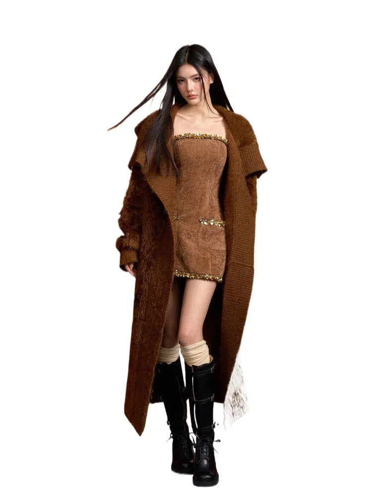 Feather Yarn Long Knit Cardigan & Sweater Set