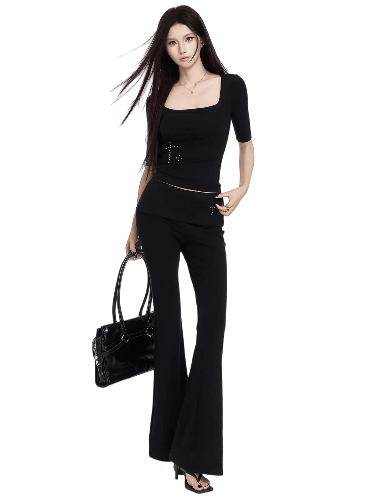 Square Neck Cropped Tee & Flare Pants Set