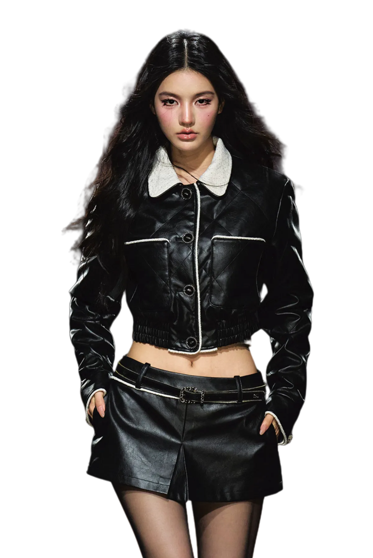 Contrast Trim Quilted Leather Jacket & Skirt Set