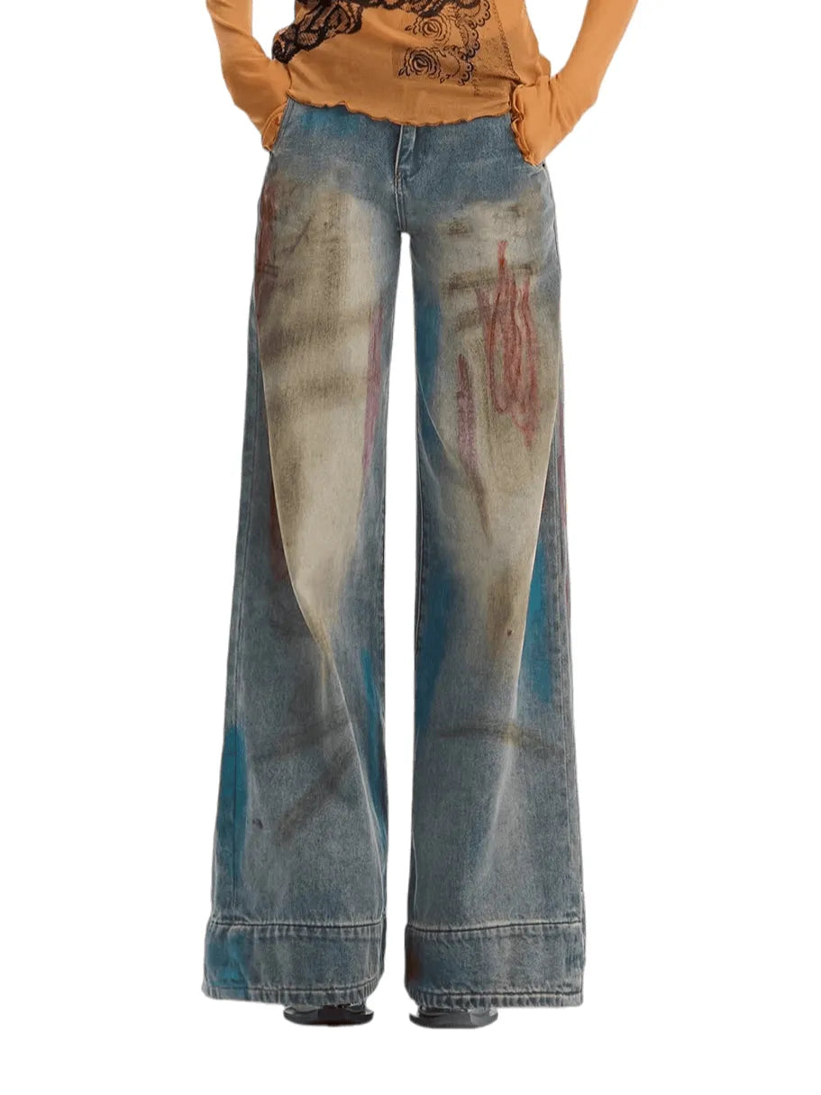 Washed Blue Graffiti Straight-Leg Denim Jeans