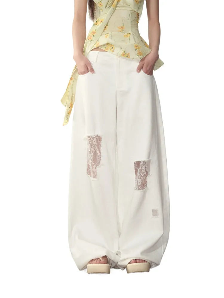 White Lace Splicing Denim Wide-Leg Pants