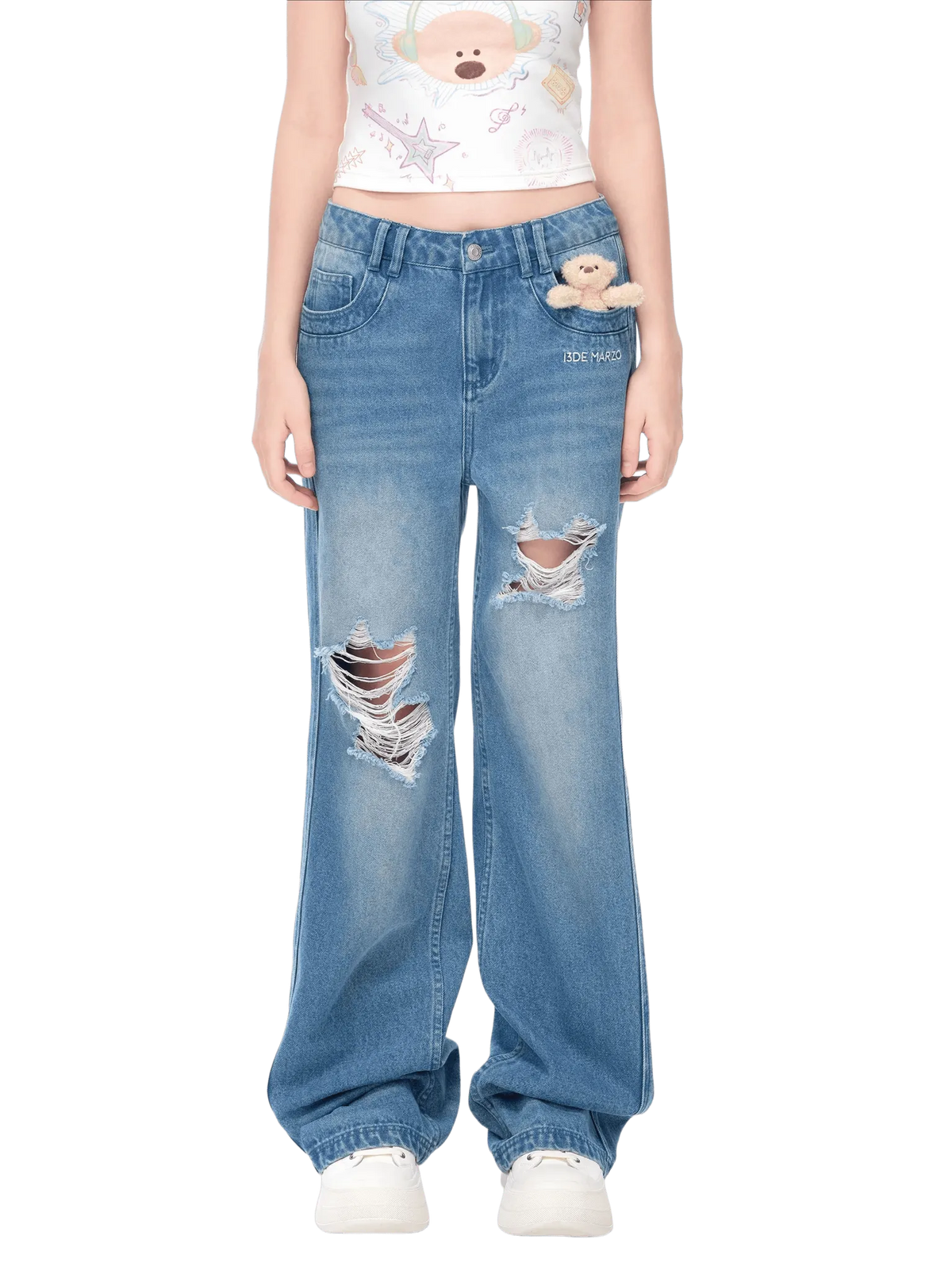 Washed Embossed Distressed Straight-Leg Denim Jeans